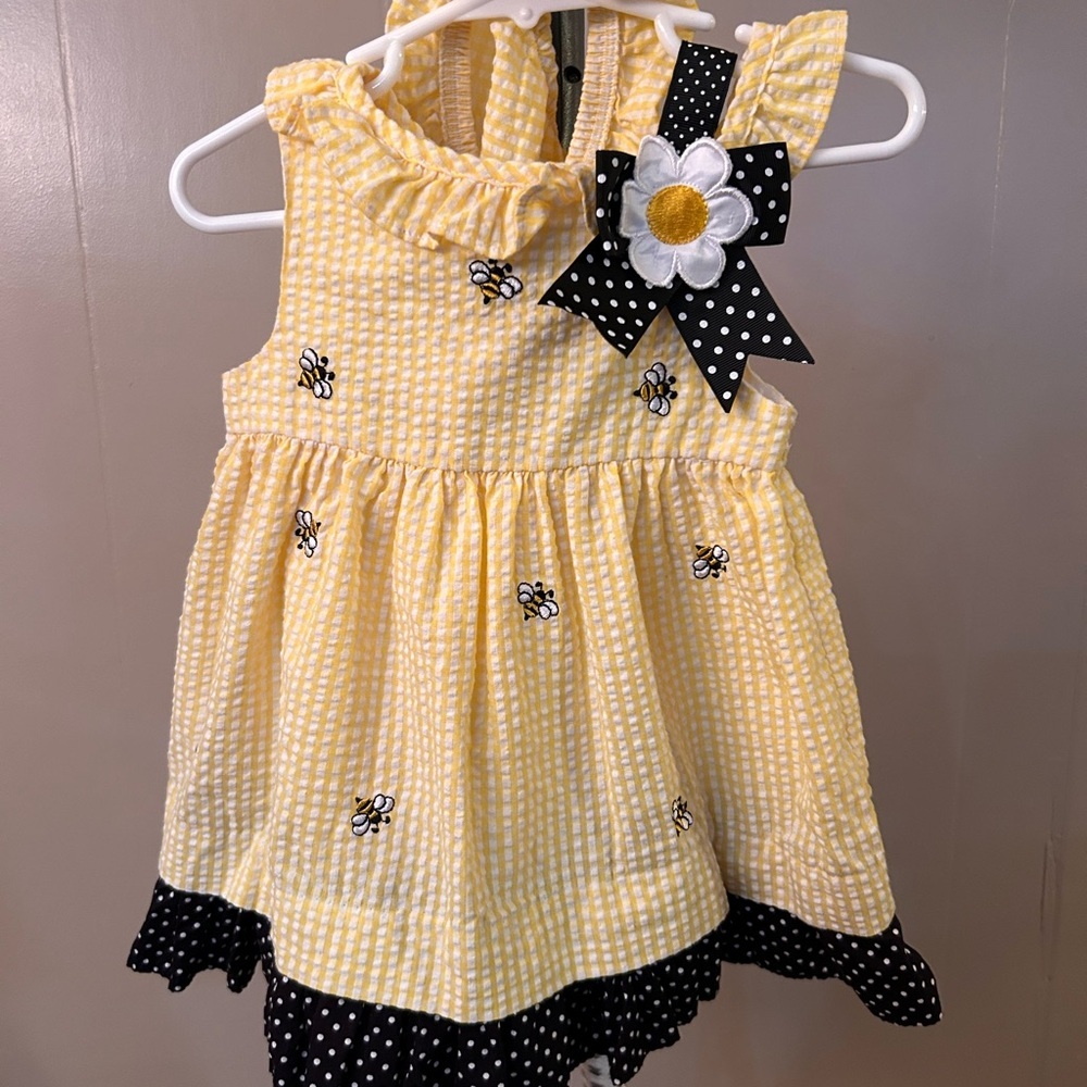 Rare Editions Baby Girls Yellow Seersucker Bumblebee Dress Bonnet Set 18M